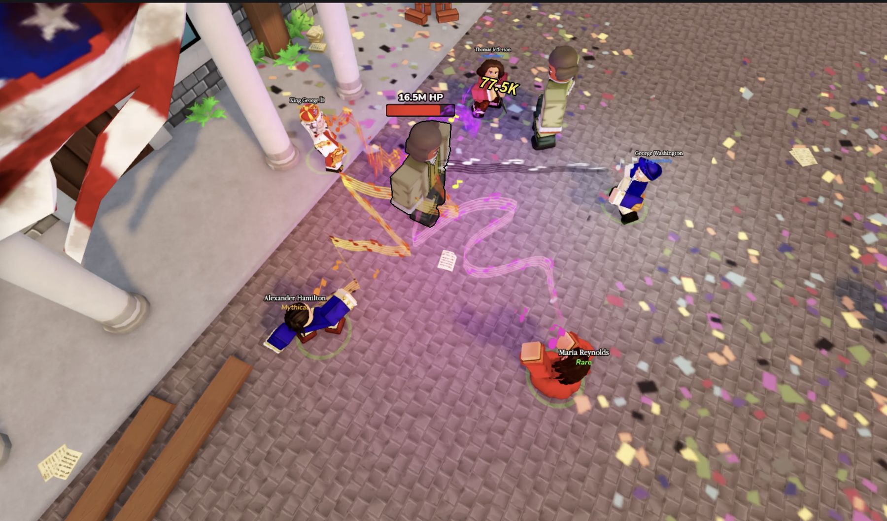 Alexander Hamilton character using a musical note attack in Hamilton Simulator