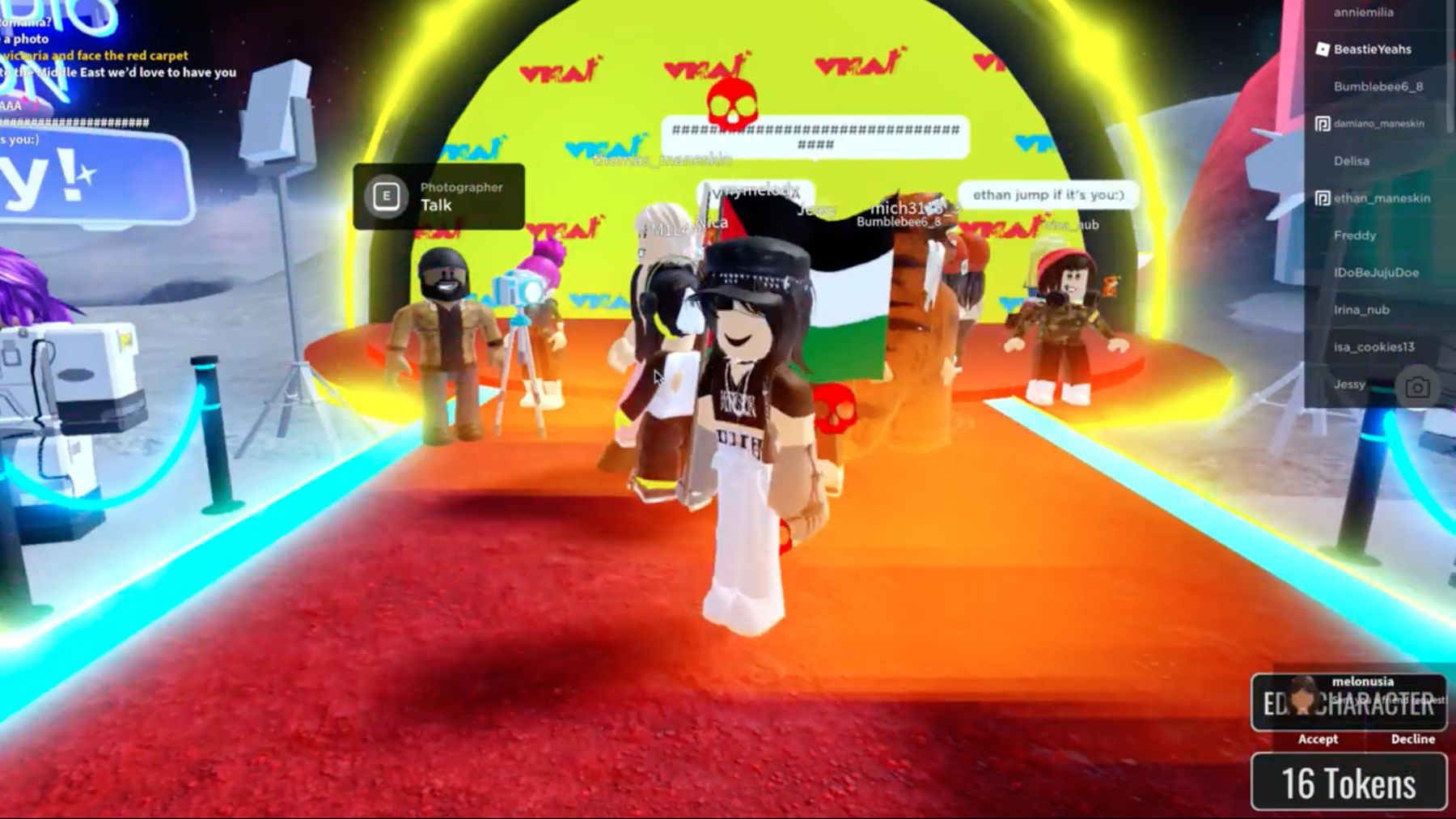 Avatar walking the virtual red carpet inside the VMA Roblox experience